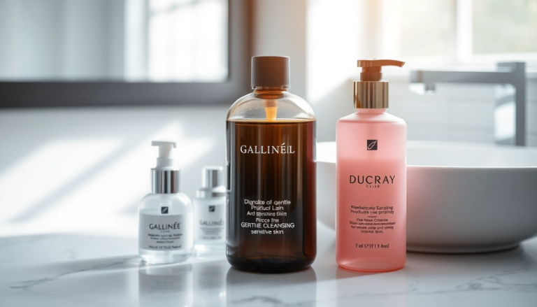 Produits de soins pour peau atopique sur un plan de salle de bain moderne, mettant en avant le confort et la douceur dans la routine quotidienne.