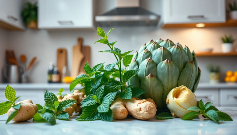 Composition de remèdes naturels pour la santé digestive, incluant menthe poivrée, gingembre et artichaut dans une cuisine moderne.