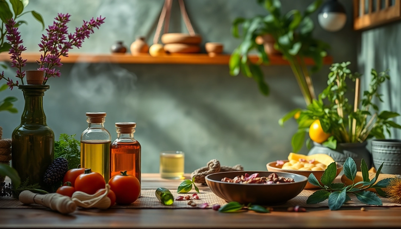 Scène de bien-être ayurvédique avec des huiles essentielles, légumes frais et une ambiance apaisante, illustrant une approche holistique de la santé.