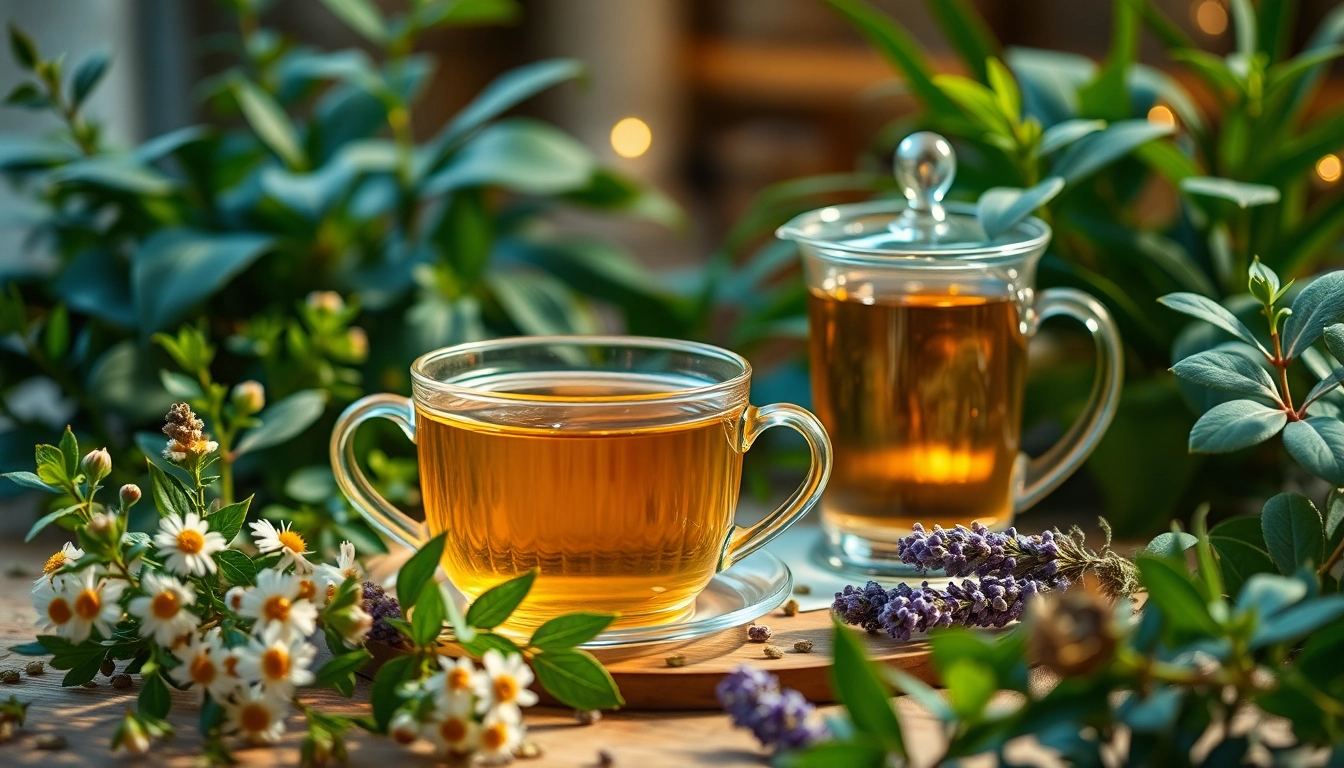 Mélange apaisant de thé à base de camomille, lavande et ashwagandha, entouré de plantes vertes pour réduire l'anxiété.