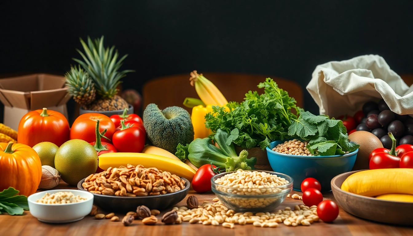 Table colorée avec des fruits, légumes et noix pour une alimentation équilibrée contre le diabète et l'hypertension.