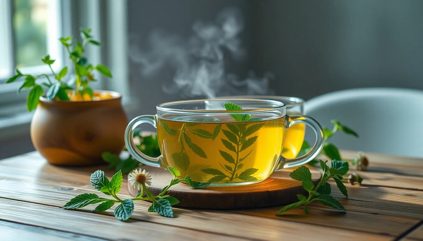 Tisanes naturelles à base de camomille et menthe poivrée sur une table en bois, créant une ambiance sereine et bien-être.