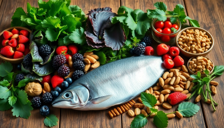 Affichage d'aliments anti-inflammatoires : légumes-feuilles, baies, poissons et noix sur une table en bois.