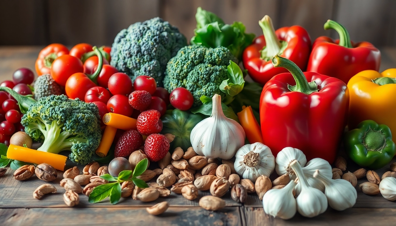 Assortiment coloré d'aliments riches en antioxydants incluant des fruits rouges, brocoli, poivrons et noix.