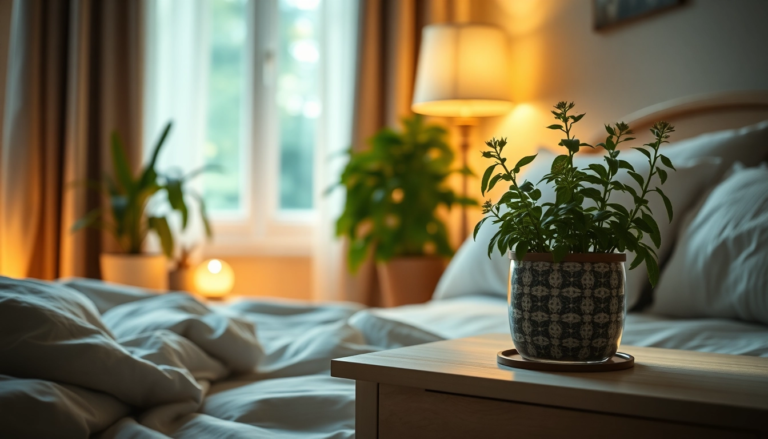 Chambre tranquille avec des plantes sédatives comme la valériane et la mélisse, favorisant un environnement de sommeil apaisant.