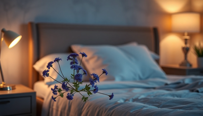 Chambre paisible avec des fleurs de valériane sur la table de nuit, créant une atmosphère calme et relaxante avant le sommeil.
