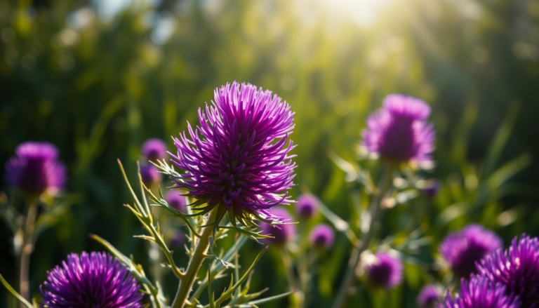Fleur de chardon-marie colorée en gros plan, symbolisant la détoxification naturelle du foie.