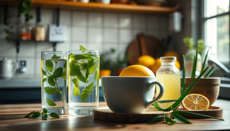 Scène de cuisine chaleureuse avec des remèdes naturels comme infusion de menthe, eau citronnée et sirop d'Aloe Vera, évoquant bien-être et santé naturelle.