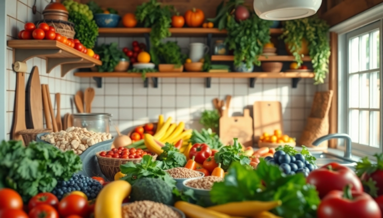 Cuisine moderne avec des fruits et légumes frais illustrant une alimentation saine et équilibrée.