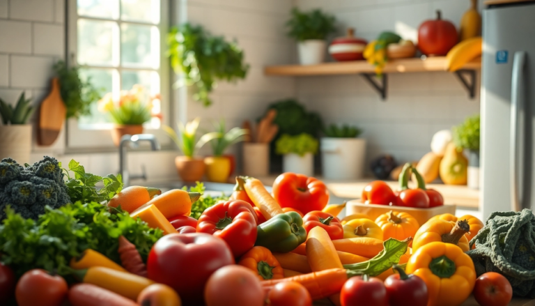 Cuisine moderne avec des fruits et légumes colorés, mettant en avant une alimentation saine et équilibrée.