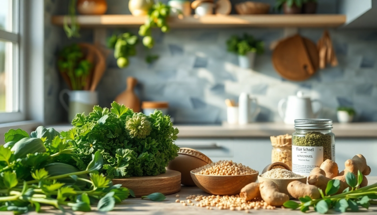 Cuisine moderne avec légumes frais, céréales complètes et compléments à base de plantes pour une alimentation équilibrée.