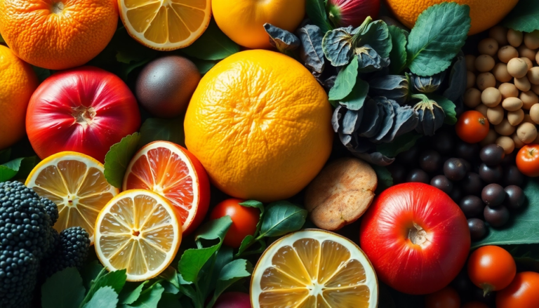Variété de fruits et légumes riches en micronutriments essentiels pour la santé.