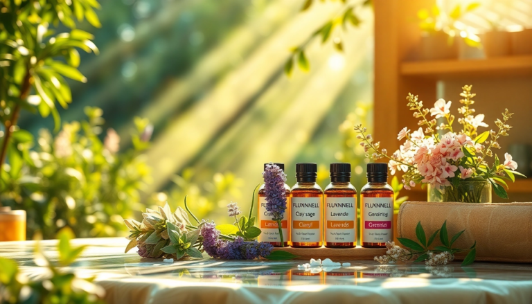 Huiles essentielles dans un cadre de spa, symbolisant l'équilibre hormonal et la détente.