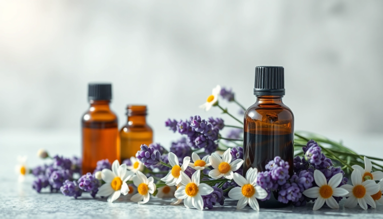 Bouteilles d'huiles essentielles de lavande et camomille entourées de fleurs, illustrant une atmosphère paisible et apaisante.