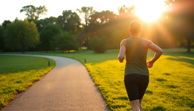 Personne courant dans un parc verdoyant au lever du soleil, mettant en avant les bienfaits de l'exercice sur la santé mentale.