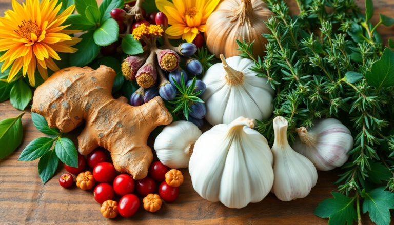 Plantes médicinales comme l'échinacée, le gingembre, les baies de goji, l'ail et le thym sur une surface en bois, illustrant l'importance de la naturopathie.