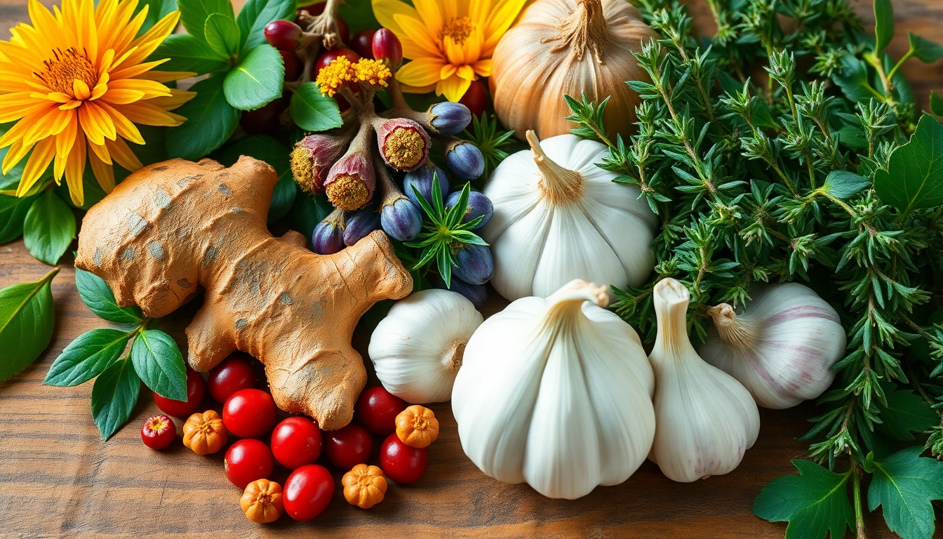 Plantes médicinales comme l'échinacée, le gingembre, les baies de goji, l'ail et le thym sur une surface en bois, illustrant l'importance de la naturopathie.