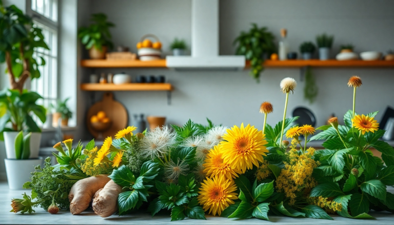 Arrangement de plantes médicinales comme le gingembre, le pissenlit et le boldo pour la digestion, sous un éclairage cinématographique.