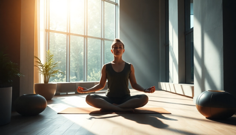 Personne méditant en pleine conscience dans un espace moderne et lumineux, représentative de techniques de relaxation.