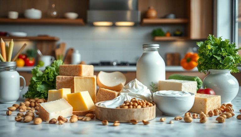 Produits laitiers tels que fromage et yaourt sur une table moderne, entourés de légumes frais et de noix, représentant une alimentation saine.