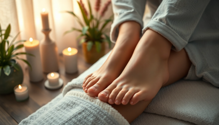 Pieds en train de recevoir un soin de réflexologie plantaire, créant une ambiance apaisante propice au bien-être.