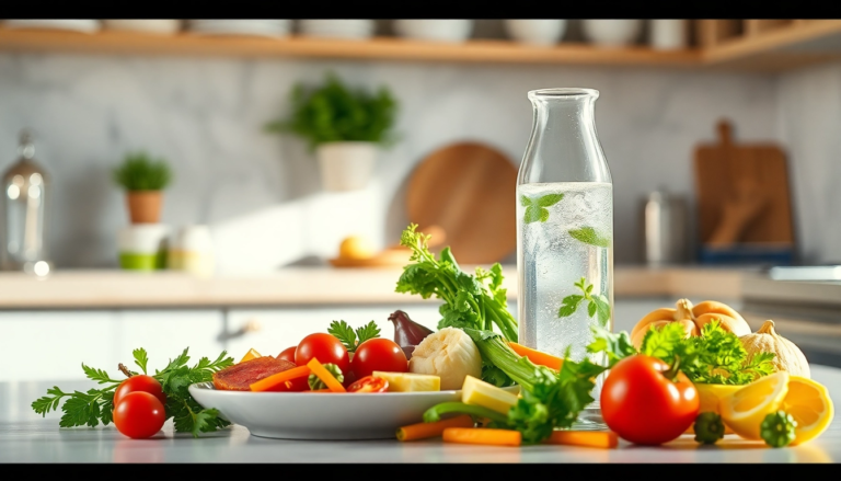 Repas sain représentant le jeûne intermittent avec des légumes frais et de l'eau, symbolisant la vitalité et la santé.