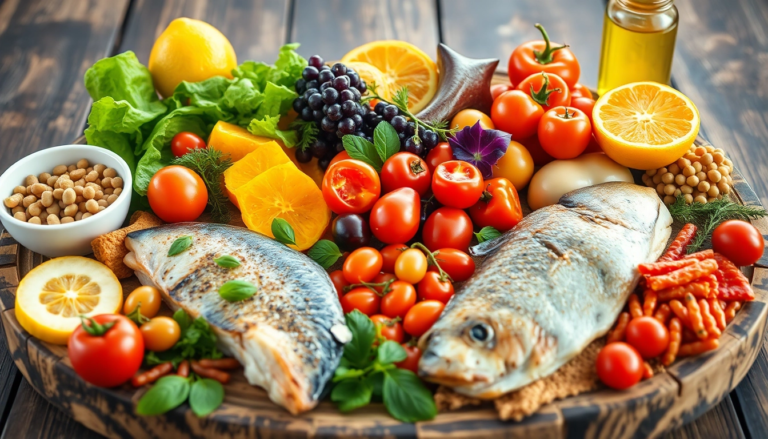 Repas méditerranéen coloré avec des fruits, légumes, poisson riche en oméga-3 et légumineuses sur une table en bois.