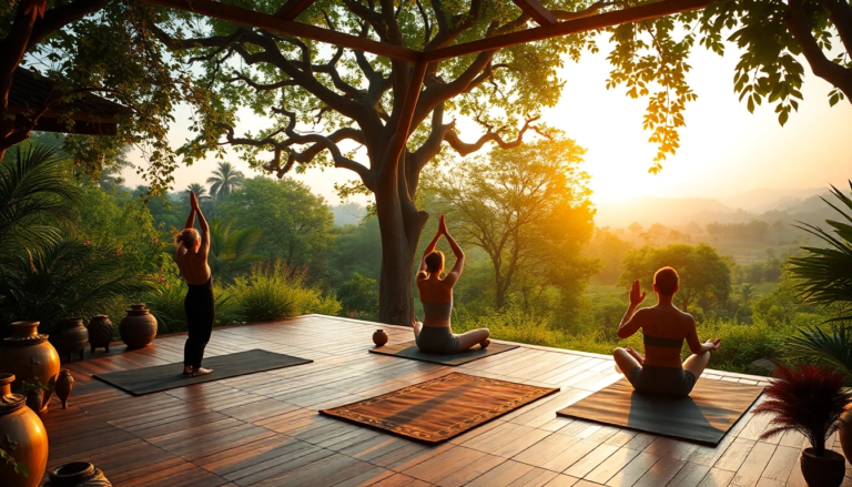 Sanctuaire ayurvédique paisible avec des pratiquants de yoga et de méditation, entouré de verdure.