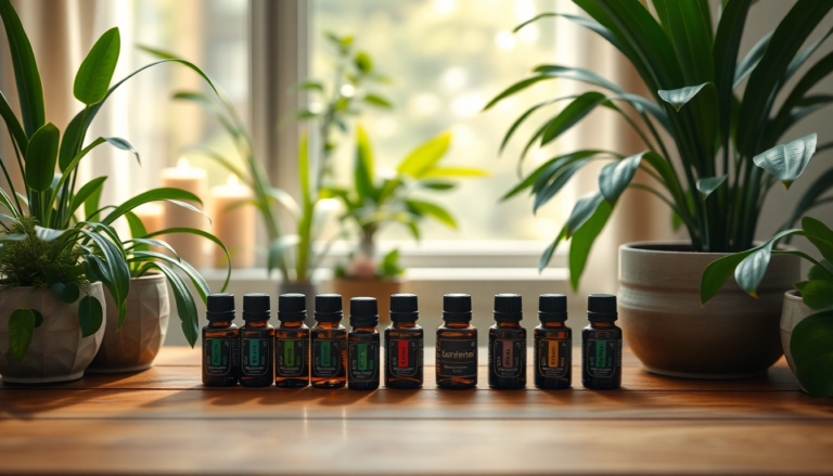Setup d'aromathérapie avec huiles essentielles et plantes, créant une ambiance paisible.