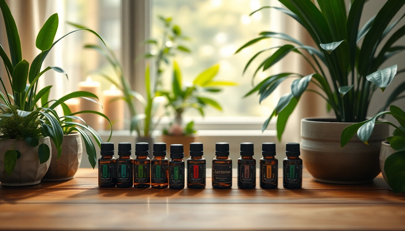 Setup d'aromathérapie avec huiles essentielles et plantes, créant une ambiance paisible.