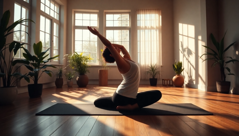 Pratique de yoga sereine dans un studio moderne, illustrant les bienfaits mentaux et physiques du yoga.