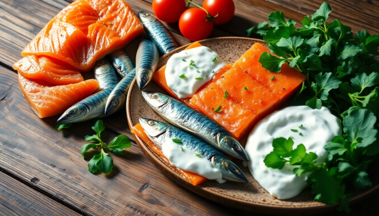 Plateau coloré d'aliments riches en calcium et vitamine D, incluant sardines, saumon, yaourt grec et épinards.