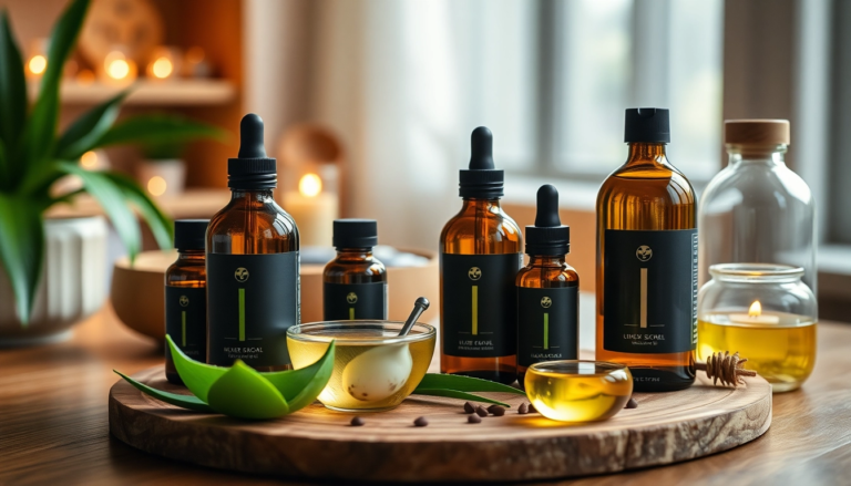 Sélection d'huiles essentielles et d'ingrédients naturels pour le bien-être, présentée sur une table en bois avec un éclairage doux.