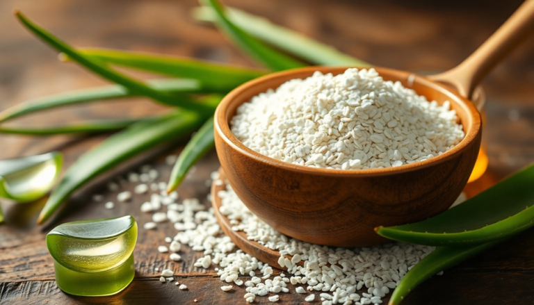 Remèdes naturels pour l'eczéma atopique : avoine, miel et aloe vera dans une ambiance apaisante.