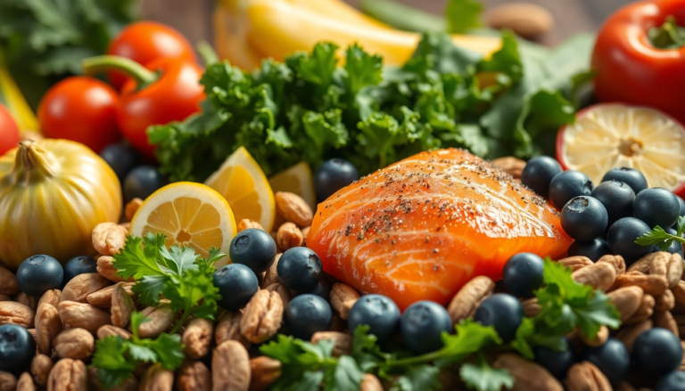 Affichage coloré d'aliments anti-inflammatoires frais : légumes, fruits et poissons gras.