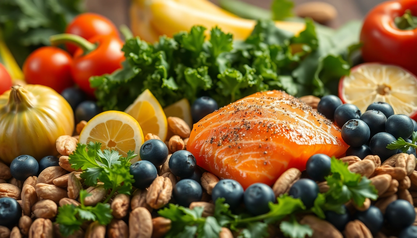 Affichage coloré d'aliments anti-inflammatoires frais : légumes, fruits et poissons gras.