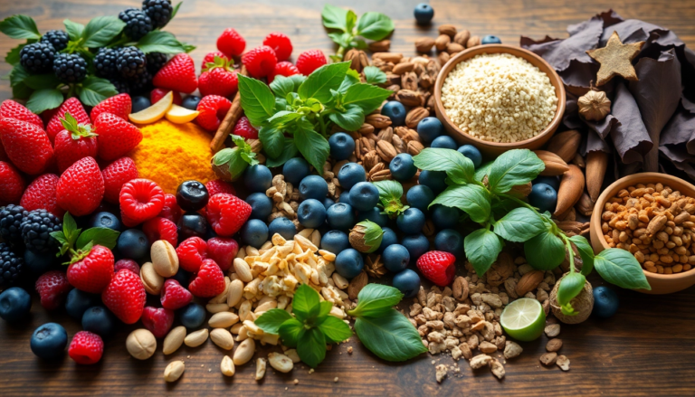 Présentation colorée d'aliments antioxydants : baies, légumes verts, noix, et épices sur une table en bois.
