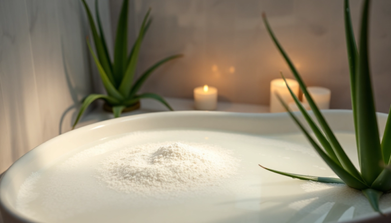 Bain apaisant avec avoine colloïdale et plantes d'aloe vera, illustrant le soulagement de l'eczéma grâce aux solutions naturelles.
