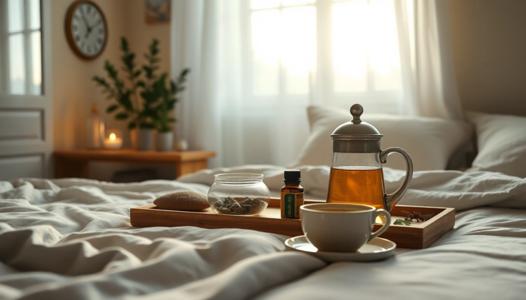Chambre apaisante avec tisanes et huiles essentielles pour favoriser la relaxation et le sommeil.