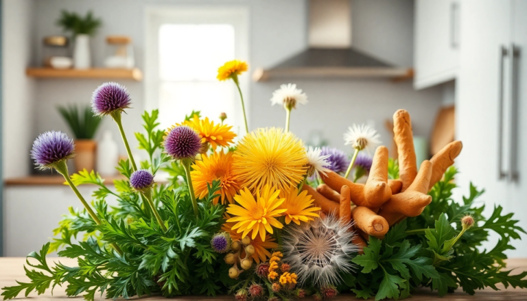 Plantes chardon-marie, pissenlit et curcuma dans une cuisine moderne, représentant des méthodes naturelles de détoxification.