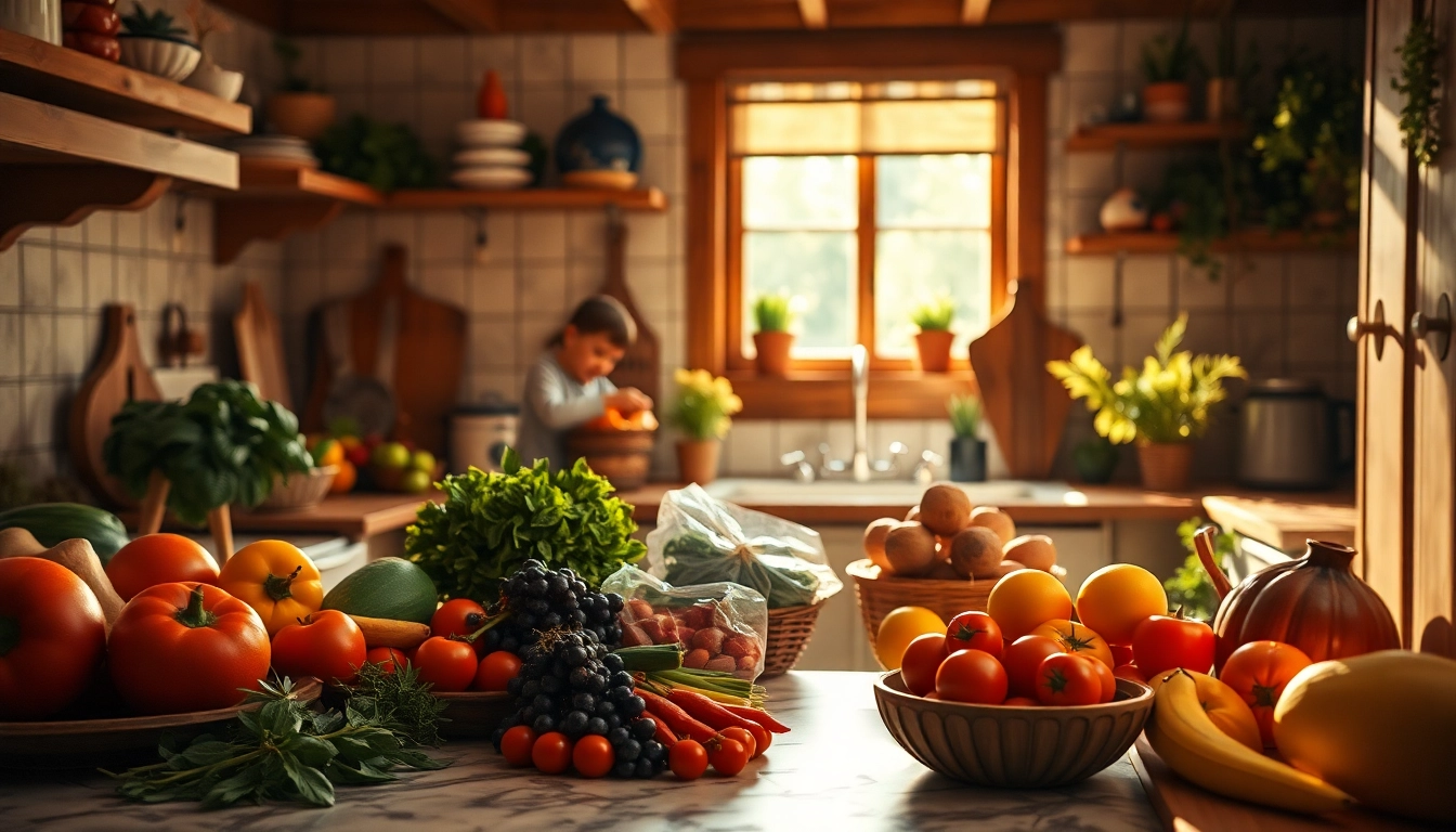 Cuisine moderne avec des aliments frais et sains, représentant une alimentation naturelle et équilibrée.