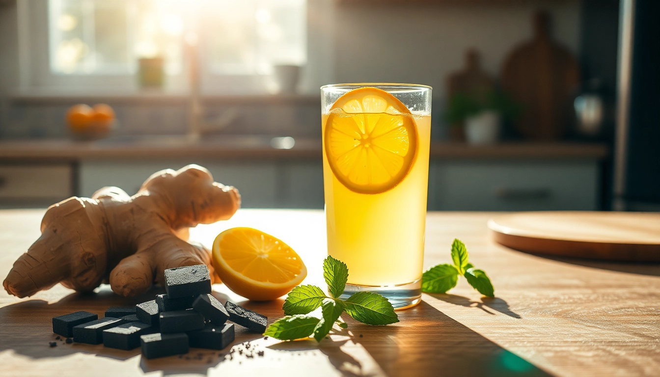 Scène de cuisine avec eau chaude citronnée, gingembre et menthe, évoquant des remèdes naturels.