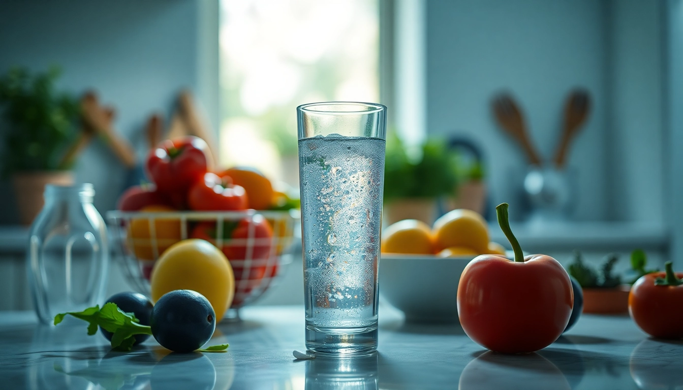 Cuisine apaisante avec des fruits et légumes frais, et un verre d'eau, symbolisant l'hydratation et la nutrition.