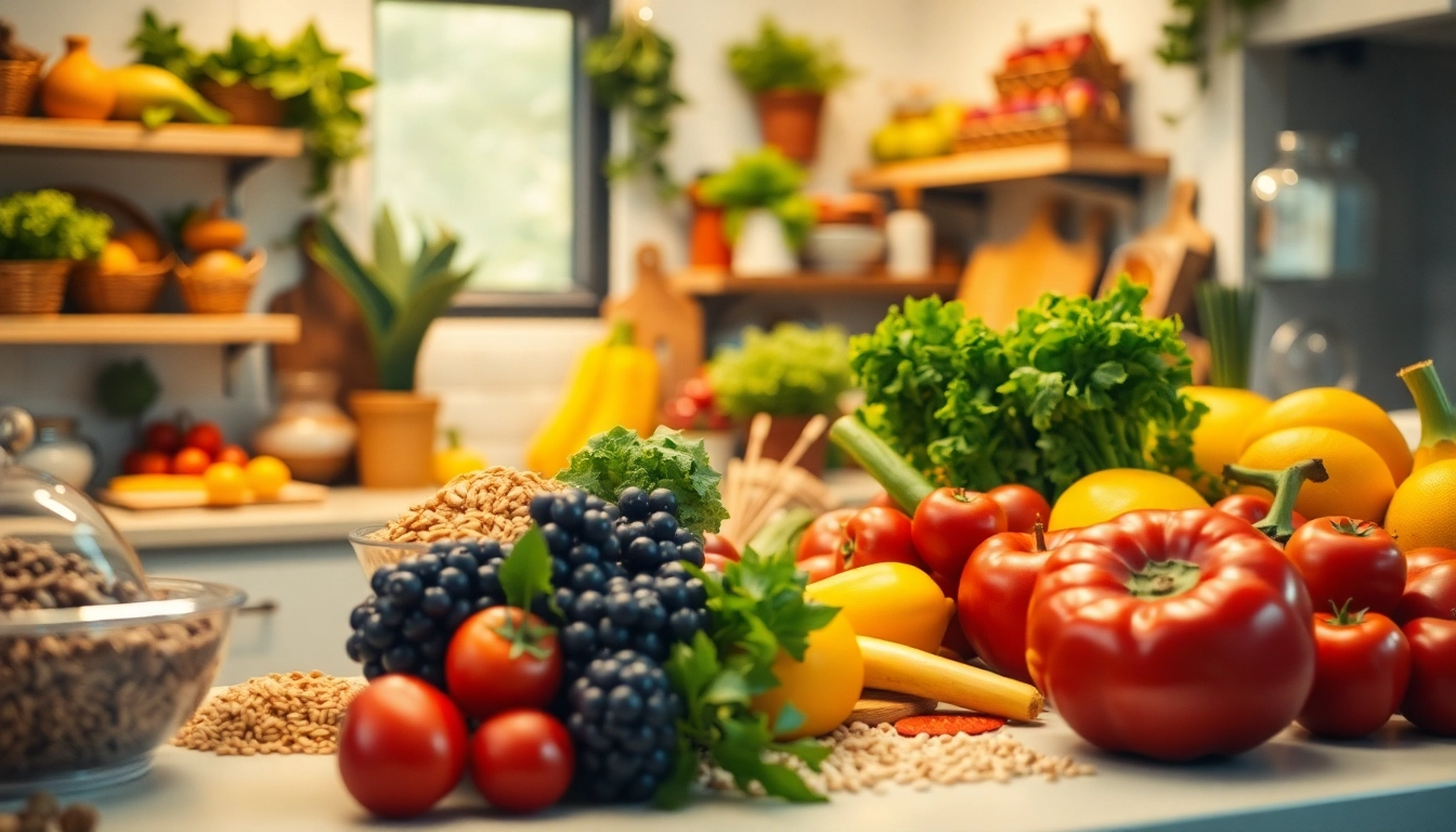 Cuisine moderne et vibrante avec des fruits et légumes frais représentant une alimentation saine.