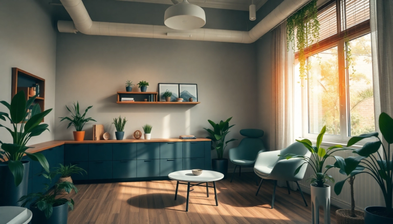 Espace de consultation en naturopathie moderne avec décoration naturelle et lumière, illustrant l'éducation à un mode de vie sain.