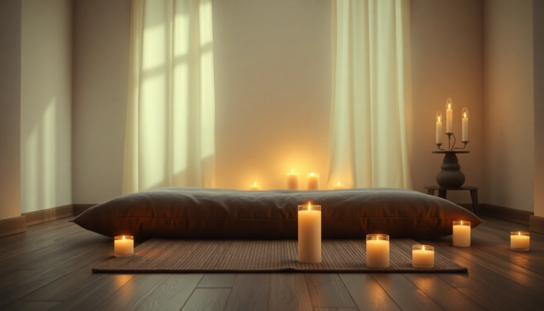 Espace de méditation apaisant avec coussin confortable et bougies, idéal pour pratiquer la pleine conscience.