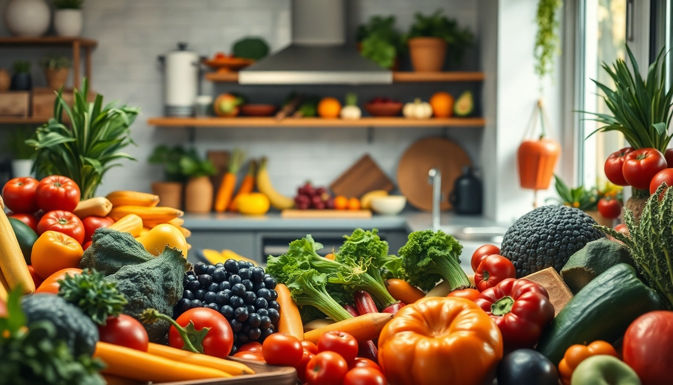 Fruits et légumes colorés bénéfiques pour la prévention de l'hypertension et du diabète dans une cuisine moderne.