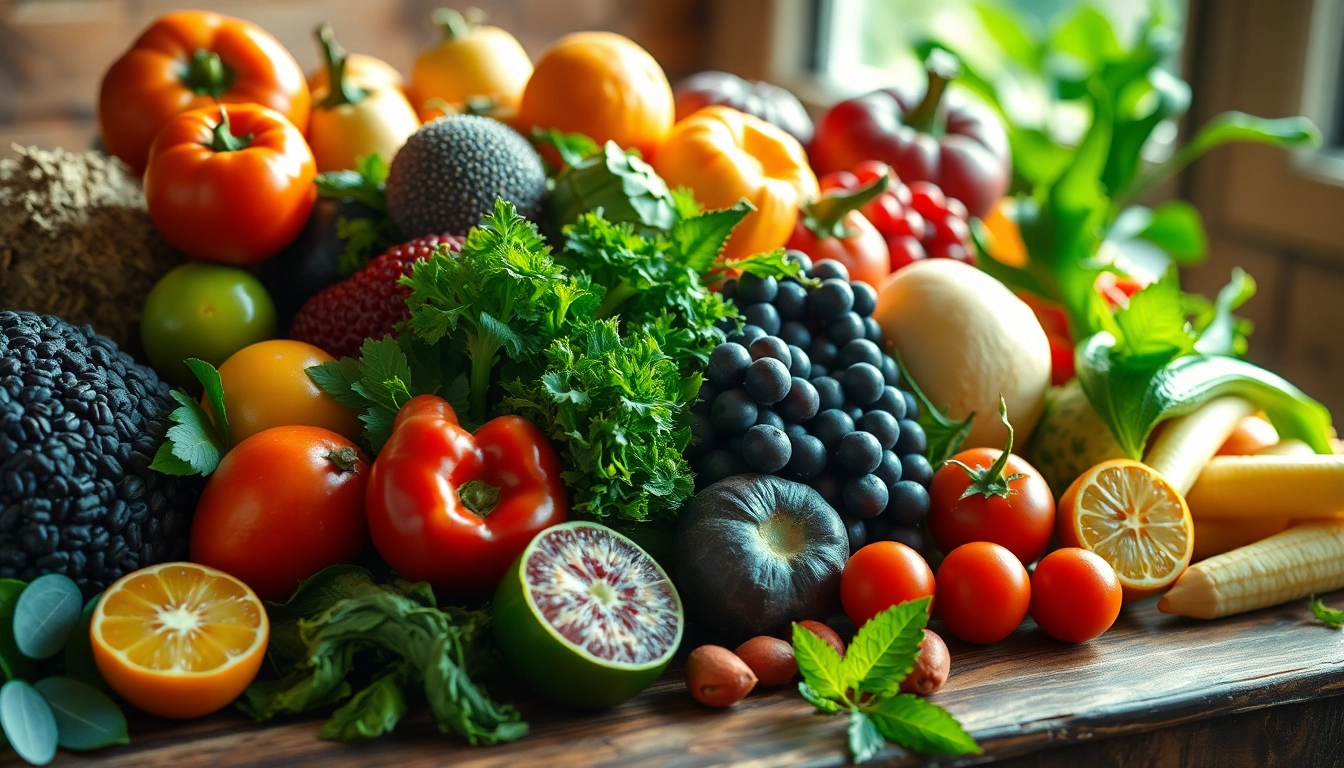 Assortiment coloré de fruits et légumes riches en vitamines et minéraux, mettant en avant la nutrition et la vitalité.