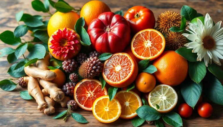 Fruits colorés et plantes médicinales pour renforcer l'immunité, mettant en avant des textures naturelles.