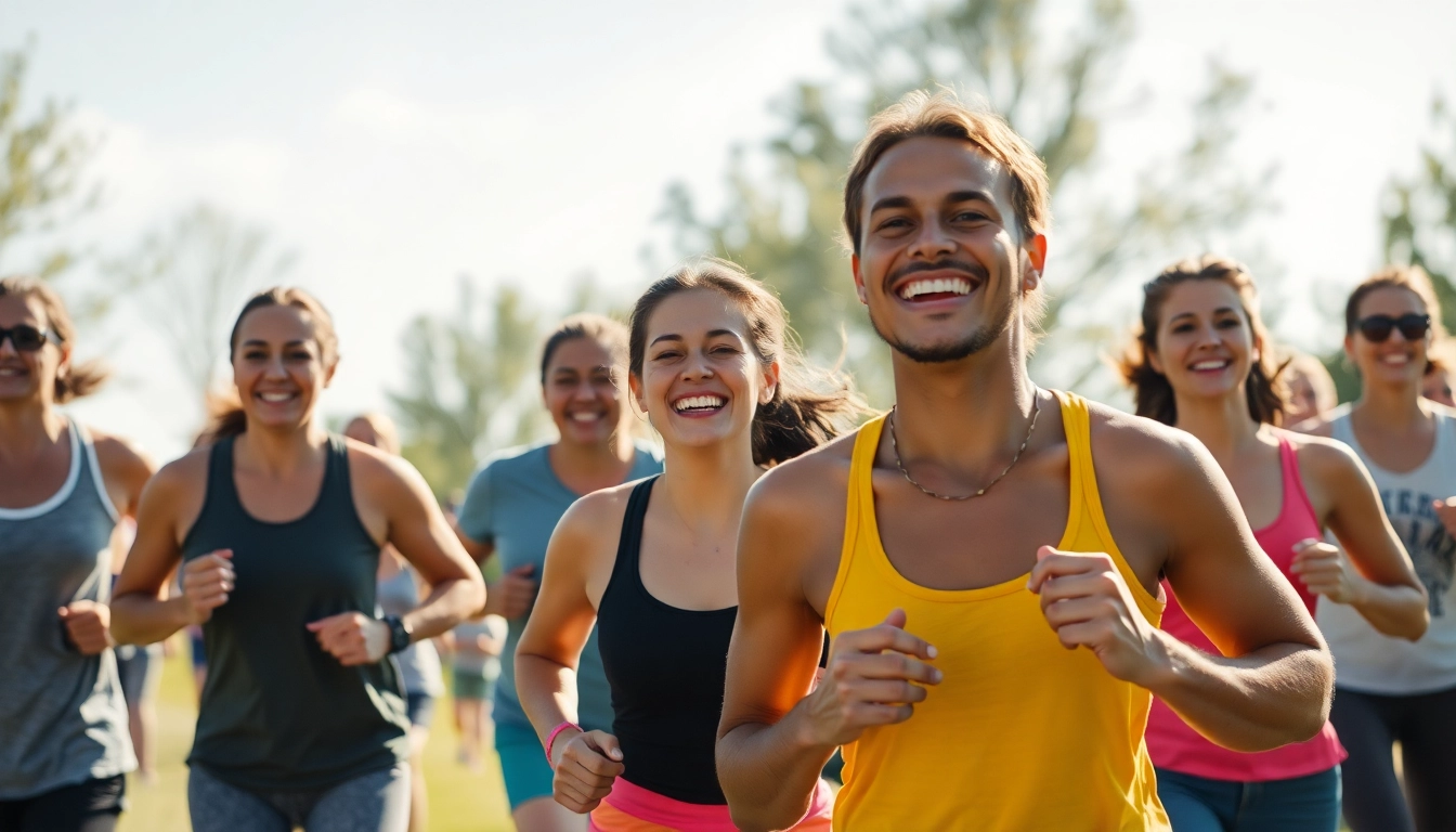Groupe diversifié pratiquant l'exercice en extérieur, souriant et engagé dans des activités sportives, entouré de nature.